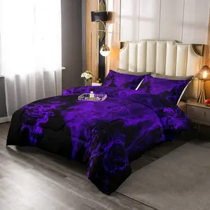 Gothic Skull Bedding Set,Queen Comforter Set,Halloween Themed Comforter Set,Skeleton Design Comforter Gothic Bones Purple Smokey Duvet Set