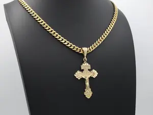 Large Gold Crucifix Necklace for Men 14k Heavy Plated Gold with 7mm Curb Chain Fade Free Waterproof Lifetime Replacement Guarantee Cross Pendant