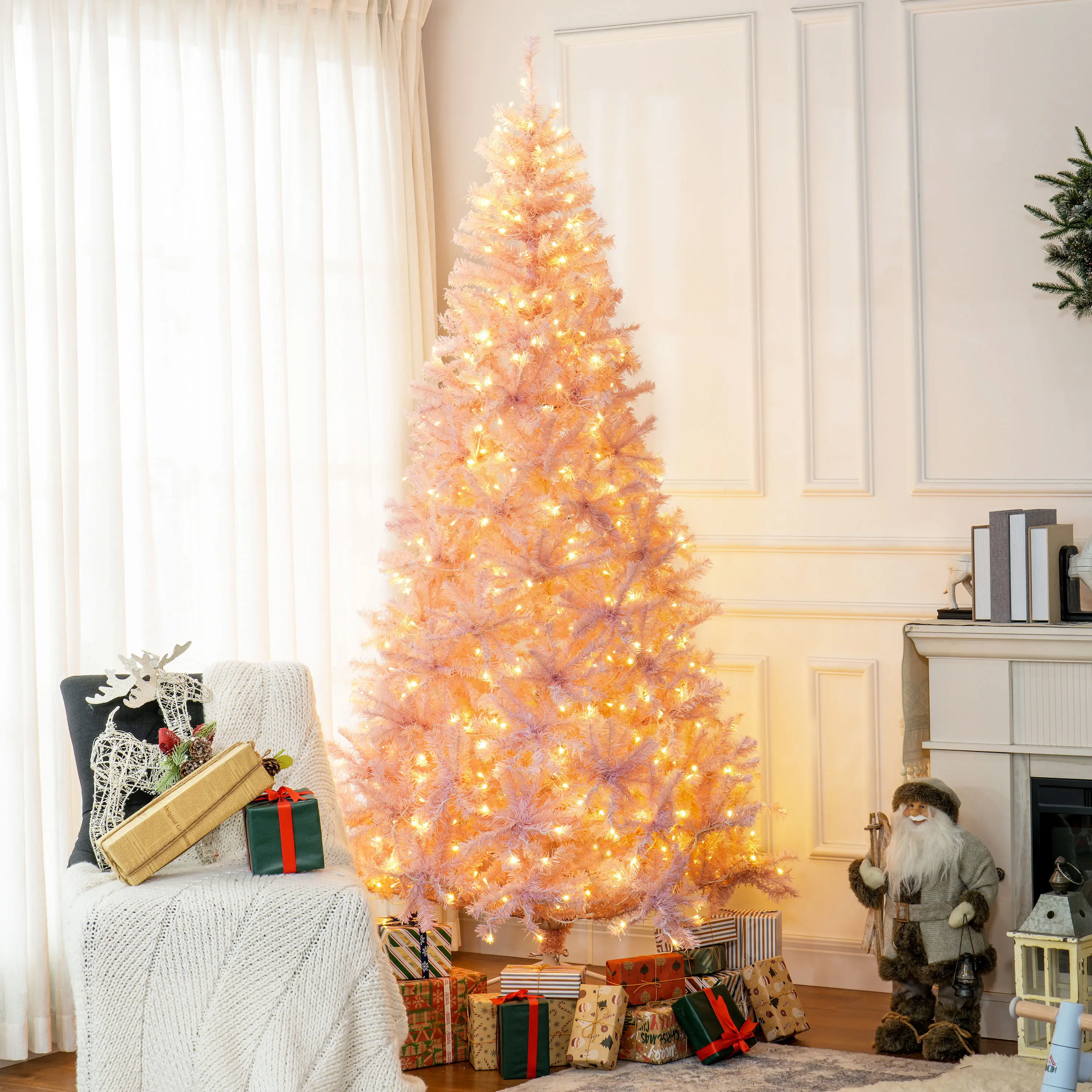 7.5 FT Tall Pre Lit Artificial Christmas Tree Pink Color 500 Warm White LED Lights 1346 Realistic Branches Tips for Living Room Corner
