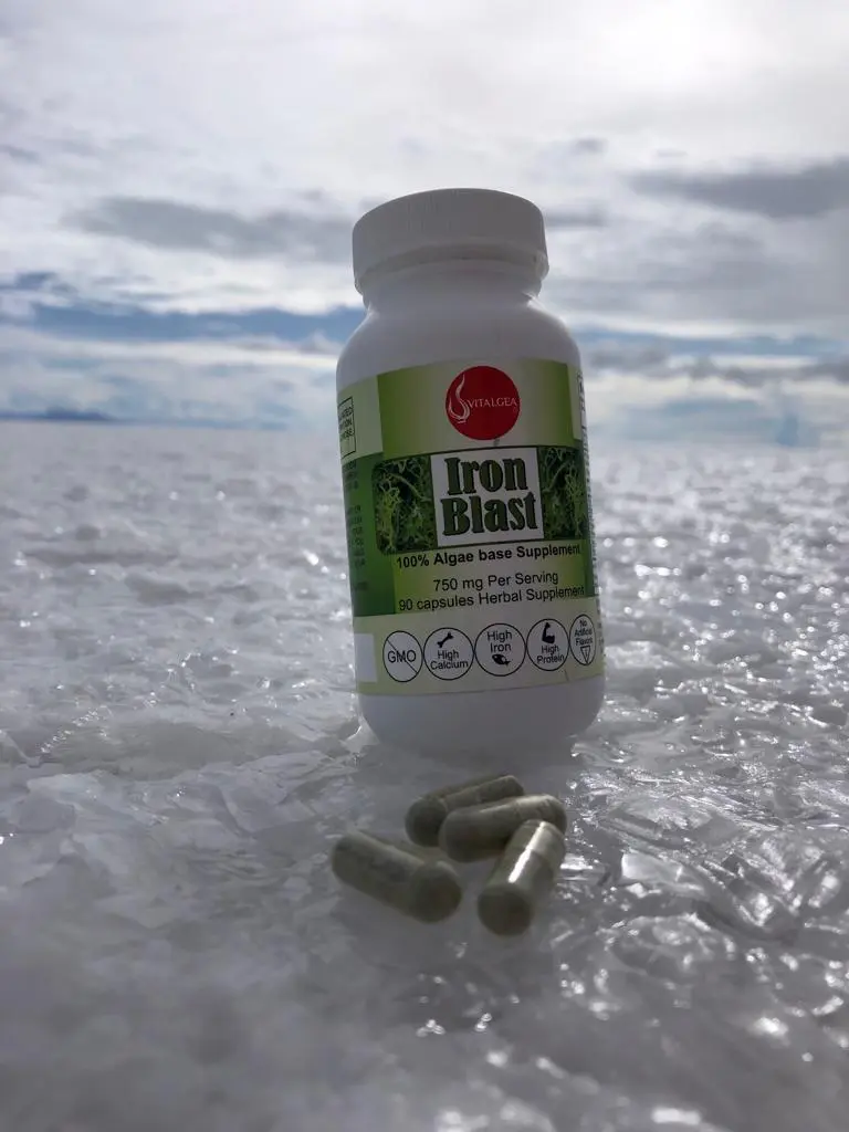 Iron Blast, a blend of seaweeds (Spirulina, Nori, Wakame, Sea Lettuce, & Wheatgrass).  Healthcare Supplement