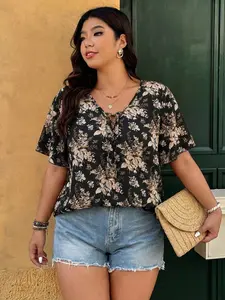 Plus Size Floral Top Blouse, Loose V Neck Tie Design with Pleated Sleeves, Vintage Casual Style, Perfect for Daily, Friend Gatherings, and Casual Dates