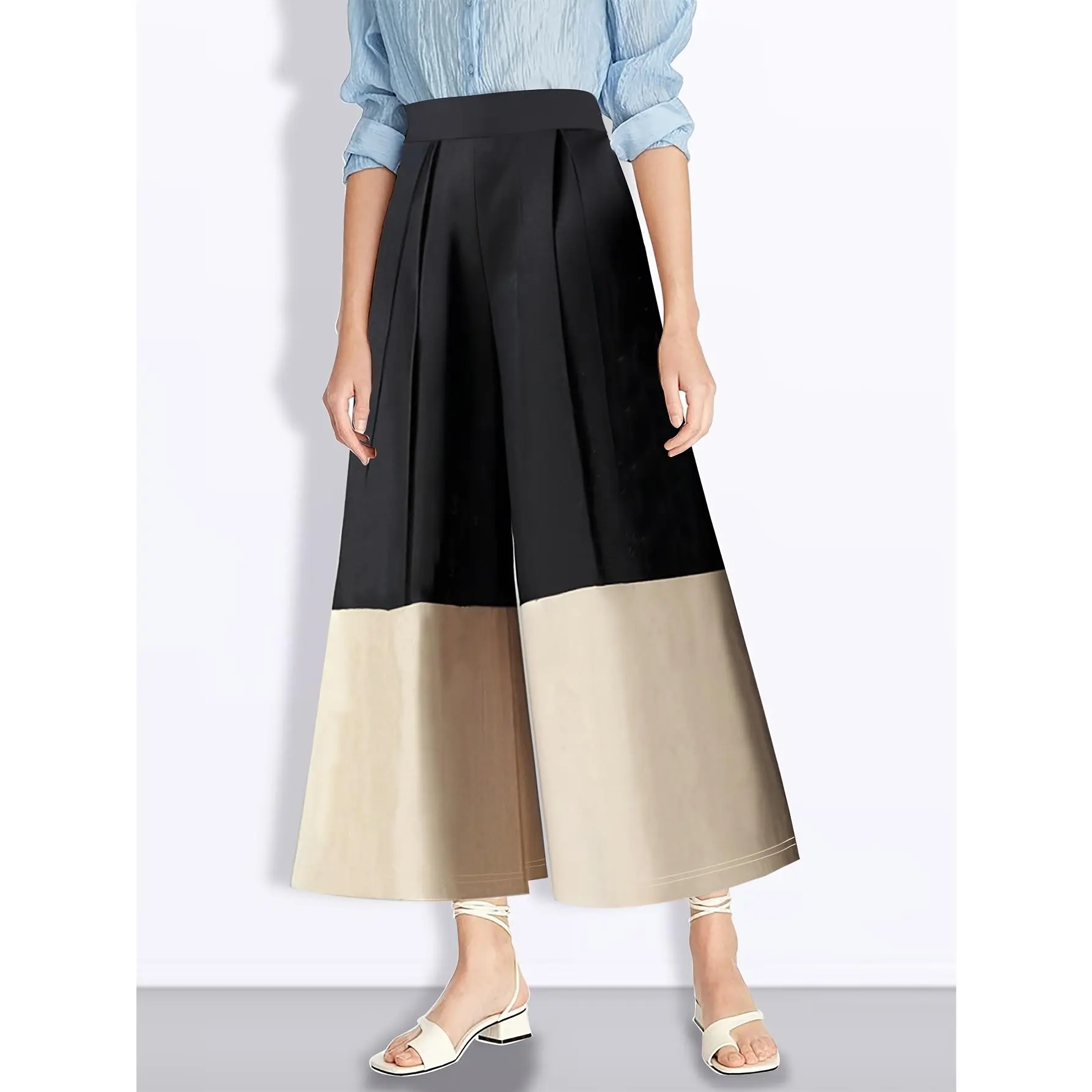 [Elegant Wide Leg Pants] Elegant Wide Leg Pants |   Women's Two-Tone Black And Beige Patchwork, Nine-Tenths Length Trousers With Pockets, All-Season Versatile For Casual & Formal Wear
