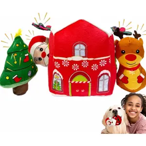 4pcs Christmas Interactive Squeaky Dog Puzzle Toys Set to Keep Them Busy, Xmas Snow House Snuffle Toy, Chew Enrichment Toy for Small, Medium, Large Size (Tree/Snowman/Santa Claus/House)