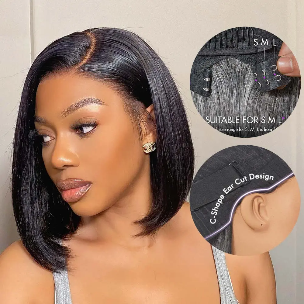 Upgraded Ready to Go Blunt Cut Bob Closure Short HD Lace Glueless Wig 100% Human Hair Wear Go Outdoorfun