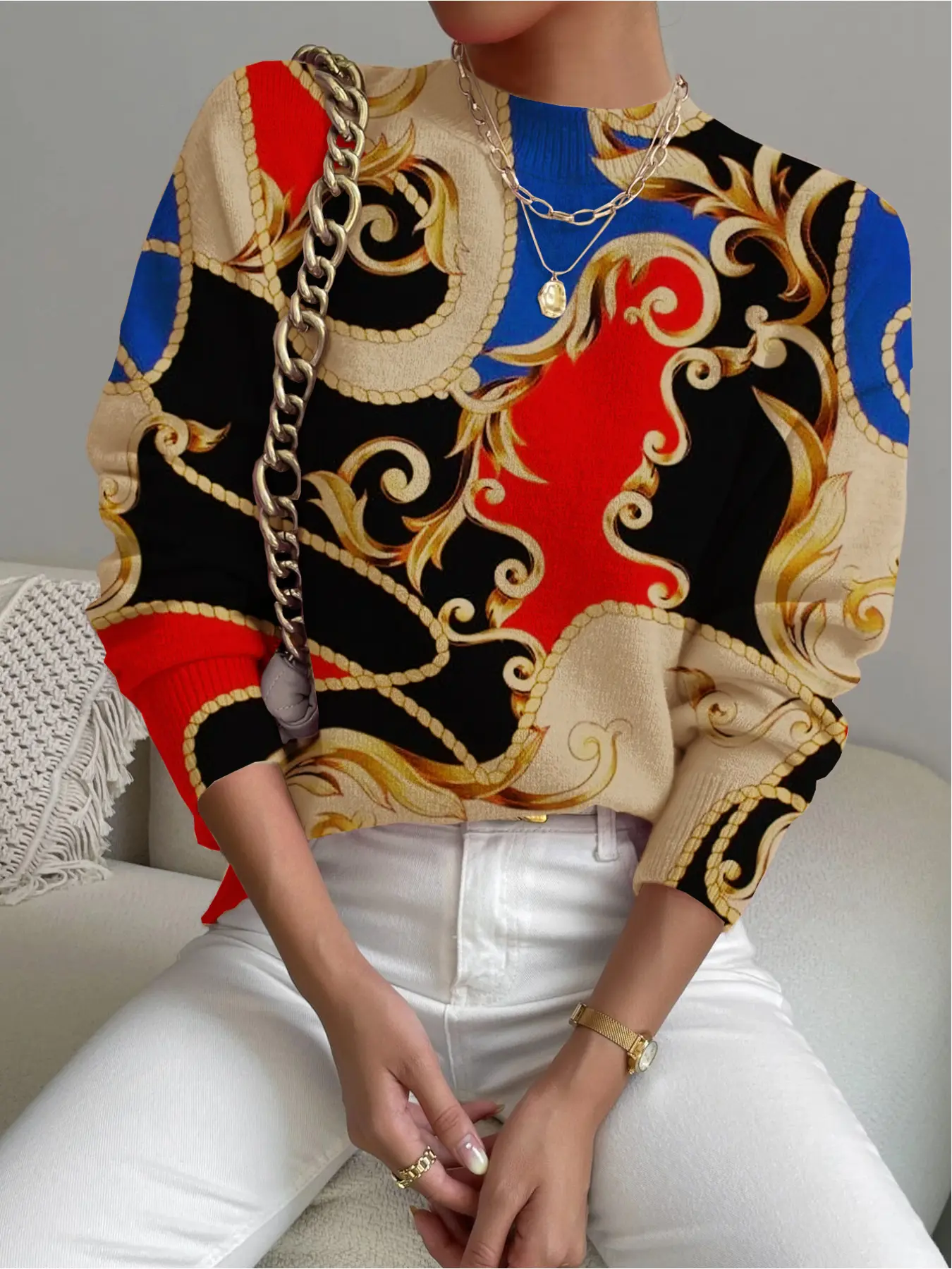 Women's Baroque Print Stand Collar Fitted Cropped Sweater, Fall Winter Casual Long Sleeve Knitwear, Comfortable Warm Daily Wear, Elegant Style Animal Print Top Knitting
