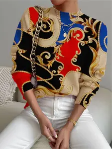 Women's Baroque Print Stand Collar Sweater, Fall Winter Casual Long Sleeve Knitwear, Comfortable Warm Daily Wear, Elegant Animal Print Top