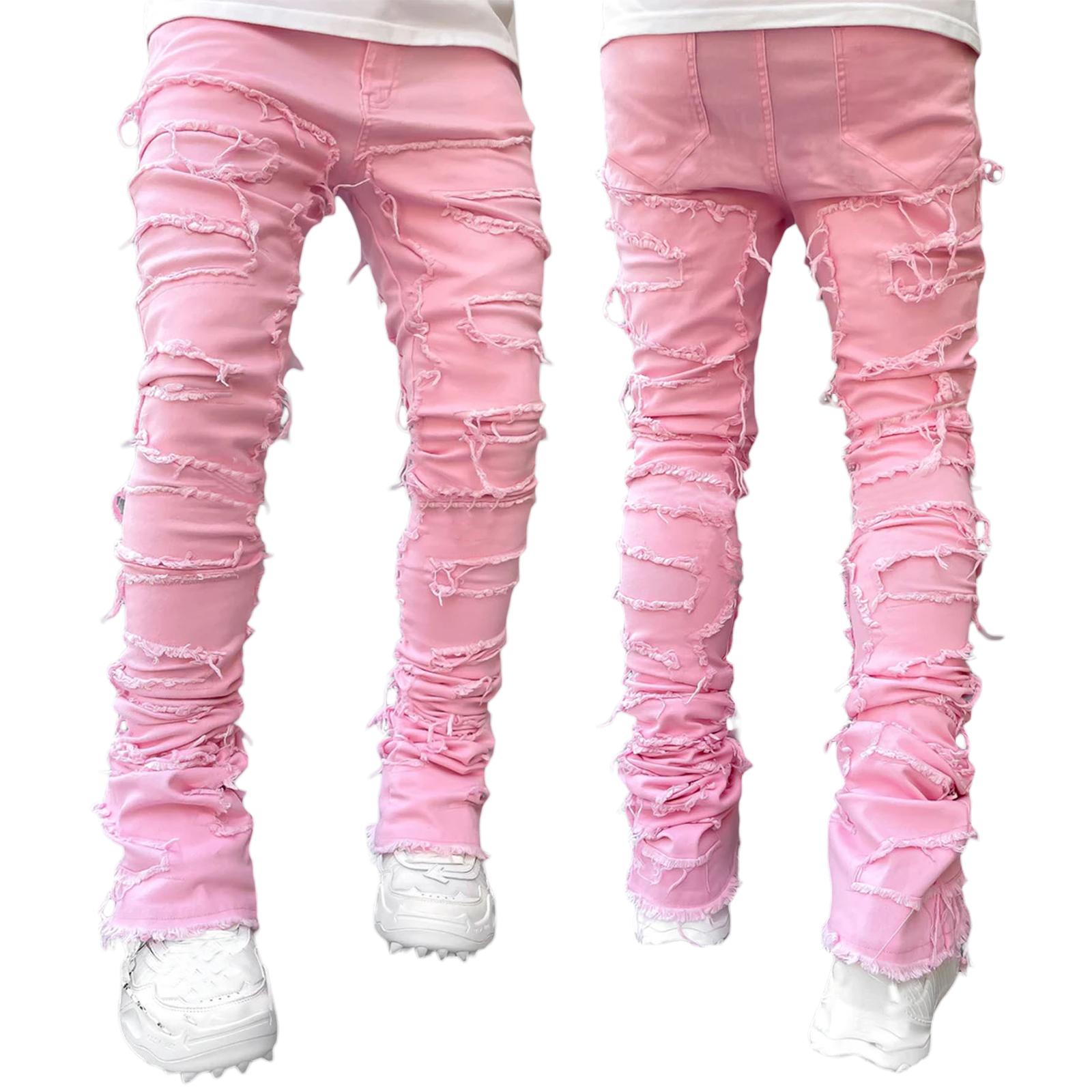 Men’s light-wash stacked flare jeans with heavy frayed patches