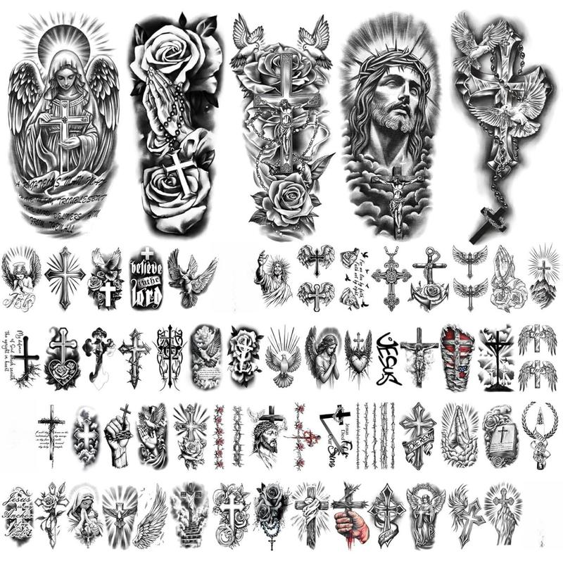 77 Sheets Christian Temporary Tattoo Adult Men Women Kids Religious Jesus Cross God Christ Catholic Realistic Half Sleeve Body Fake Tattoos Stickers