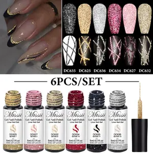 MTSSII 6pcs Reflective Glitter Liner Gel Nail Polish Set, Diy French Manicure, Champagne Golden Glow-in-Dark Sparkling French Line Nail Gel, Semi Permanent Nail Painting UV Light Gel with 2-in-1 Ultra-Fine Brush Tips, Nail Art Supplies