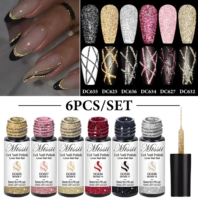 MTSSII 6pcs Reflective Glitter Gels Liner Gel Nail Polish Set, Finishing Nails, Diy French Manicure, Champagne Glow-in-Dark Sparkling French Line Nail Gel, Semi Permanent Nail Painting UV Light Gel with 2-in-1 Ultra-Fine Brush Tips, Nail Art Supplies