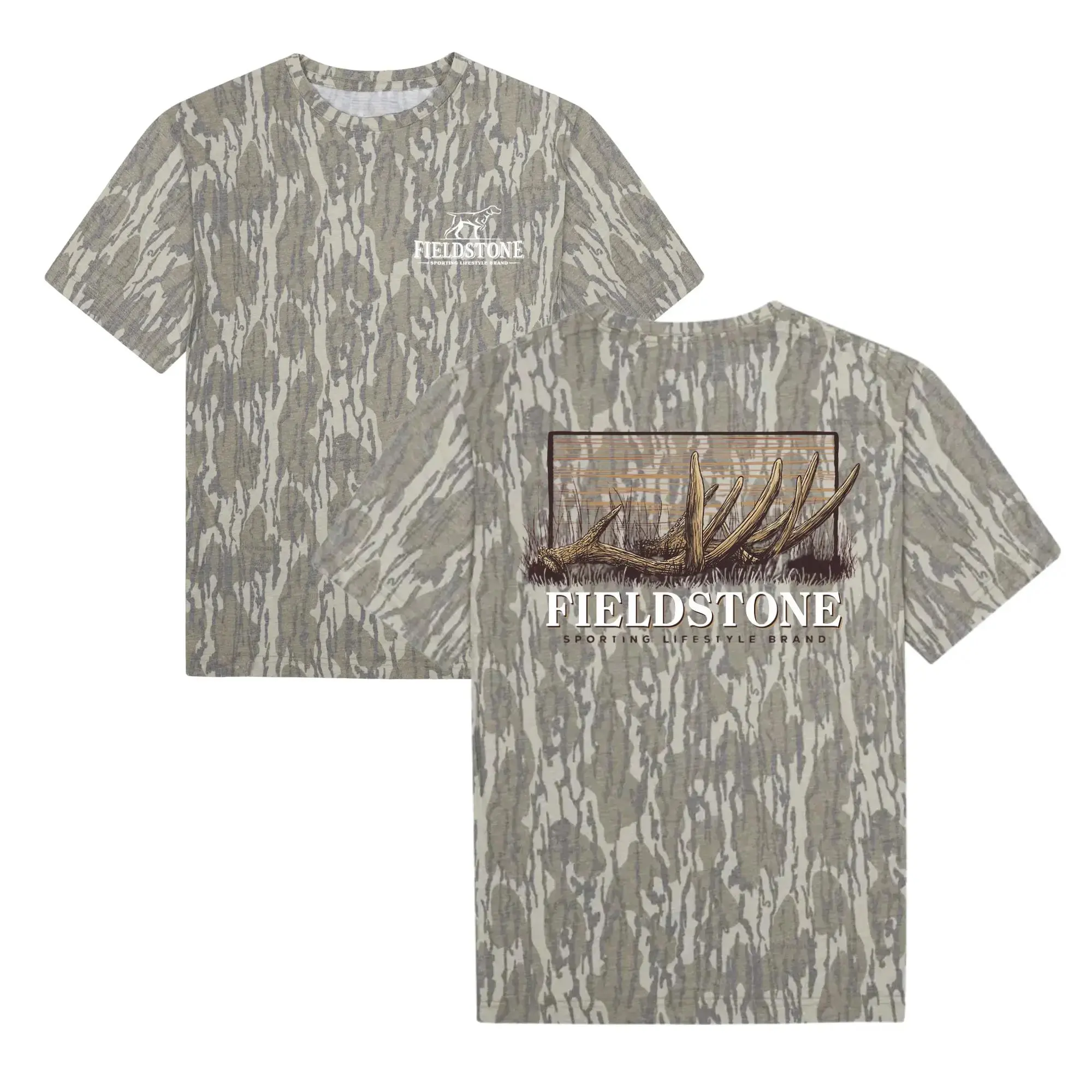 Fieldstone Antler Shed Bottomland Shirt - Vintage Antler Shed Camo T-Shirt, Woodland Hunting Graphic Tee, All-Over Camouflage Short Sleeve Shirt for Men & Women