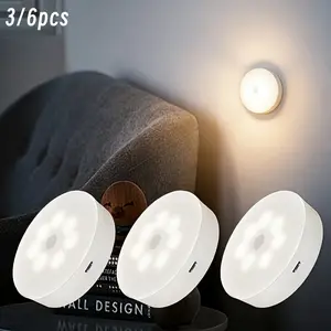 3/6pcs USB Charging LED Round Light, Button Night Light, Button Switch, 3-color Dimmable, Portable Night Light, Suitable for Kitchen, Bedside, Wardrobe, Closet Aisle, Reading, Stage Lighting