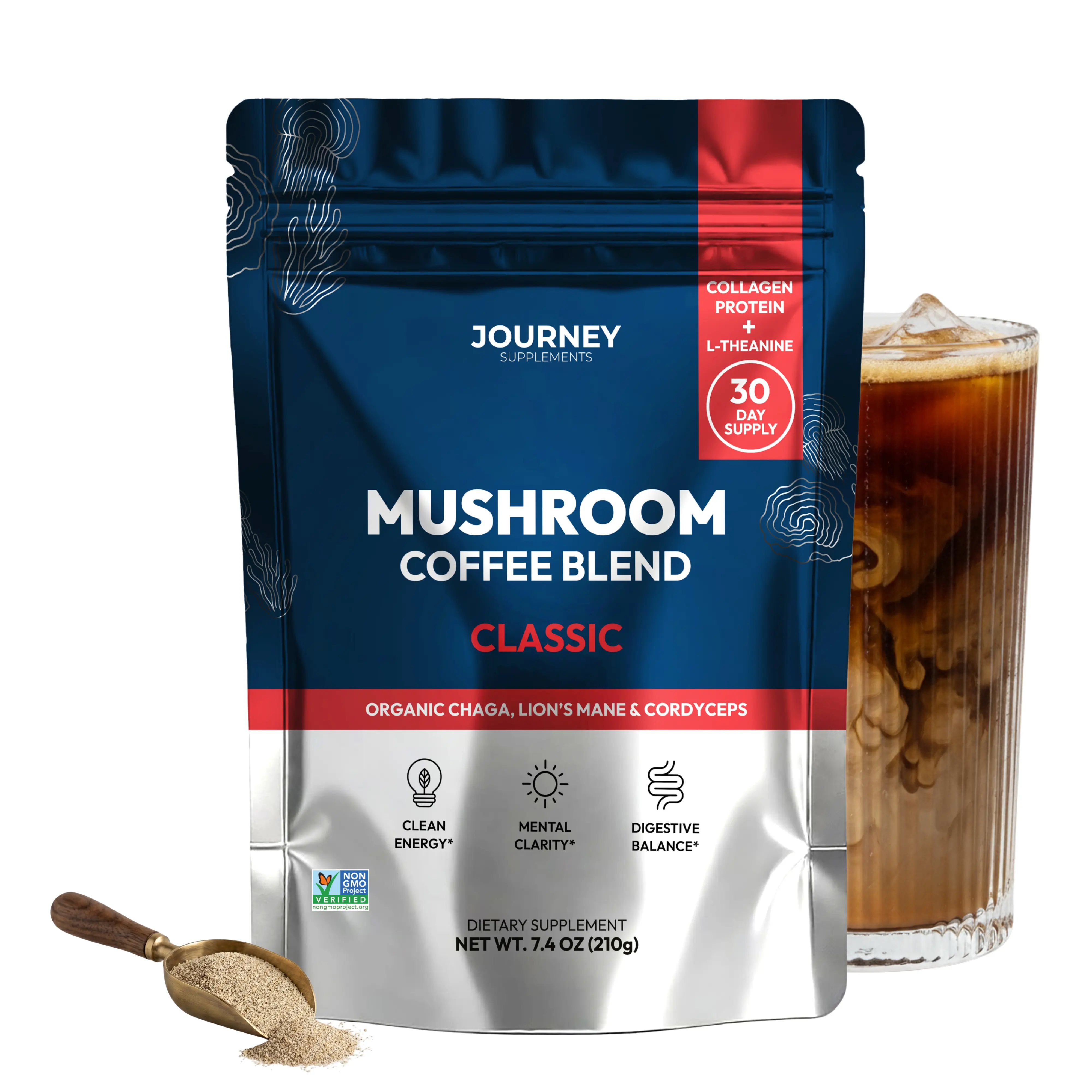 Mushroom Coffee with Collagen - Classic Blend – Adaptogenic Instant Coffee for Energy, Focus, & Mental Clarity – Enhanced with Lion’s Mane, Chaga, Cordyceps & L-Theanine (30 Servings)