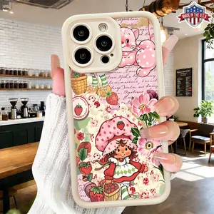 Cute Strawberry Girl Floral Cartoon Aesthetic Design Case for iPhone 17 16 15 14 Pro Max 13 12 11 XR XS Plus Air Slim Lightweight Shockproof Anti Drop Protective Durable TPU Cover