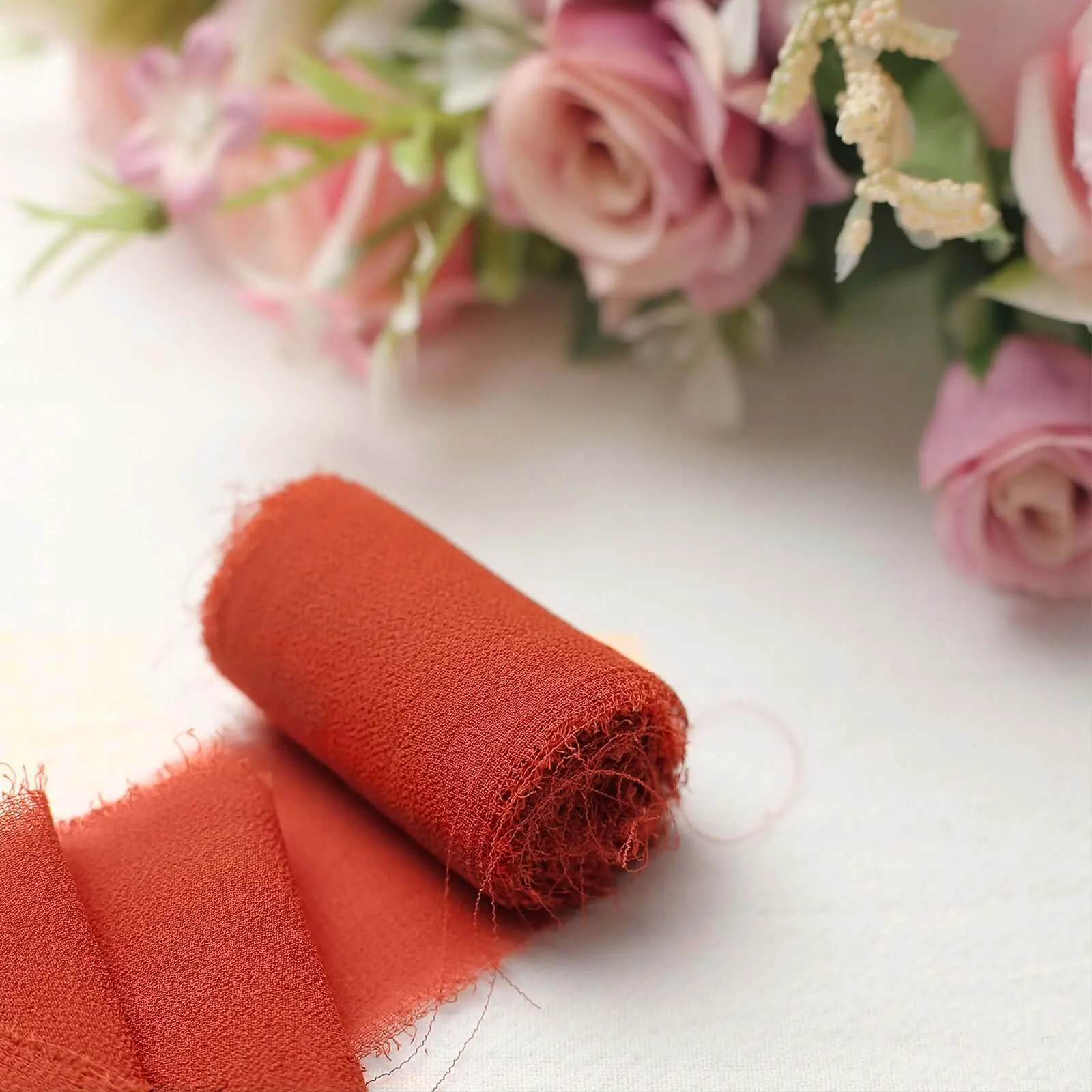 2 Pack Rust Terracotta Silk-Like Chiffon Fabric Ribbon Rolls - 6yds, Hand Wash Safe, for DIY Crafts, Wedding Decor, Stationary Bouquet Linen Wrap, Chiffon Material, Bridal Events