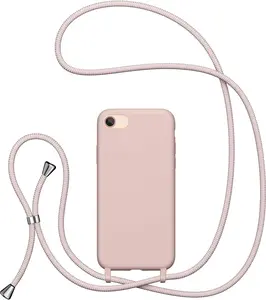 Crossbody Lanyard Phone case for iPhone SE 2022 5G/iPhone 7/iPhone 8/iPhone SE 2020, Silicone Phone Cover with Adjustable Necklace Strap Soft Belt Lanyard Shockproof Protective Case-Sand Pink