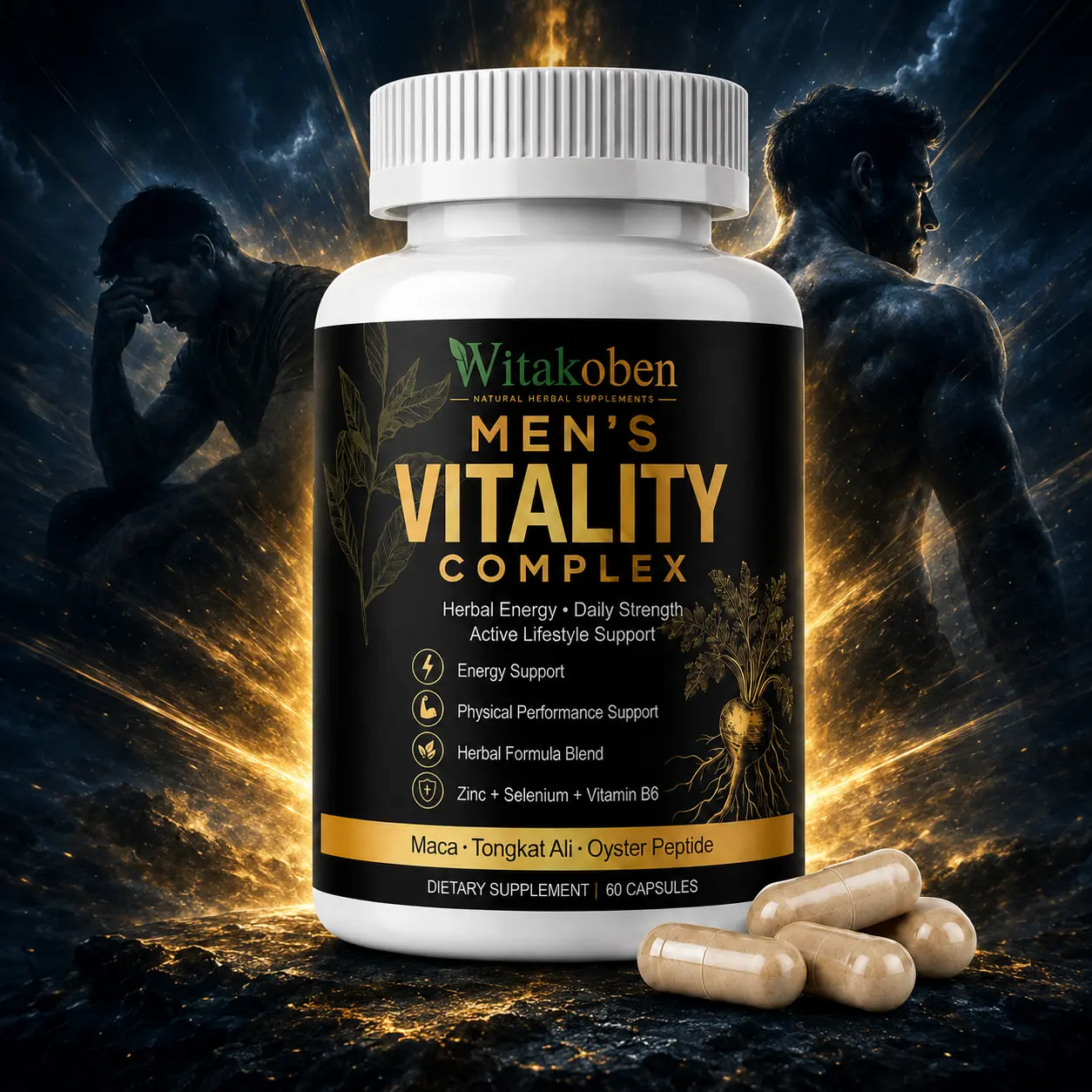WITAKOBEN Men's Dietary Supplement 60 Capsules Maca Root Capsules for Men with Tongkat Ali Zinc Selenium and Vitamin B6 8 in 1 Men's Vitality Complex Daily Men's Wellness Formula Energy and Stamina Support for Active Lifestyle and Everyday Routine for Men
