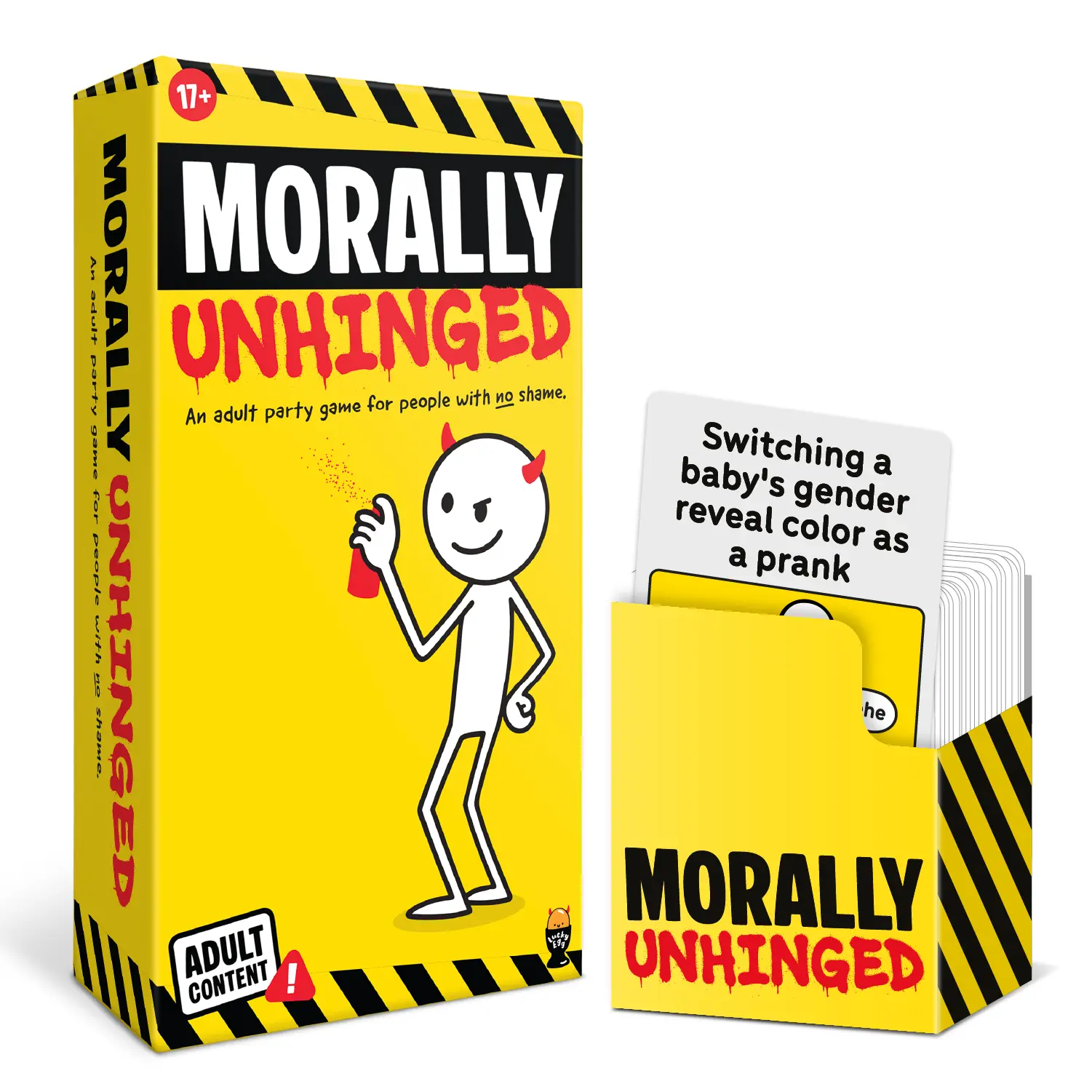Lucky Egg Morally Unhinged – The Shamefully Immoral Party Card Game – Dark & Hilarious Dilemma Game for Adults, 2–8 Players Ages 17+  Includes 150 Cards, 8 Player Tokens and 3 Moral Compasses