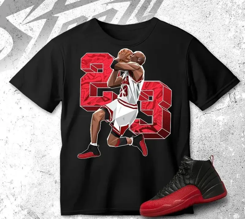 Unisex T-shirt to match Jordan 12 Flu Game Red Black White - Number 23 MJ. 100% Cotton for Casual Wear. Comfortable Summer Unisex T-Shirt to match Jordan Sneaker. Streetwear Style. urban outfitters