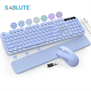 LED Typewriter Wireless Keyboard and Mouse Backlit - Retro Round Keycaps, Detachable Wrist Rest, Light Up Letters, 2.4G Lag-Free Rechargeable