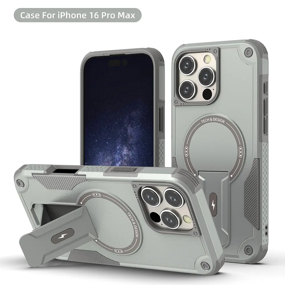 Magnetic PC (Polycarbonate) Protect Cover for iPhone 12/13/14/15/16 Pro Max/Plus Series, Mobile Phone Accessories with Built-in Kickstand, Lanyard, Futuristic Design & Wireless Charging Compatibility