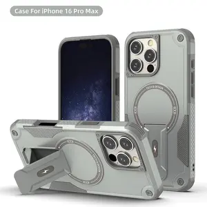 Magnetic Metal Armor Case for iPhone 12/13/14/15/16 Pro Max/Plus with Built-in Kickstand & Lanyard | Futuristic Design, Wireless Charging