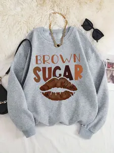Women's "BROWN SUGAR" Letter & Lip Print Fitted Crew Neck Thermal Lined Sweatshirt, Casual Long Sleeve Pullover for Fall & Winter, Women's Clothes for Daily Wear