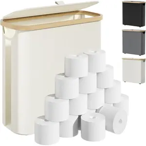 Toilet Paper Storage with Lid and Handle, 16 Roll Toilet Paper Basket Bathroom Standing Organizer, Folding Storage Bag with Foot Base, Slim Holder Container for Rolling Tissue, Towel, Toys - Beige