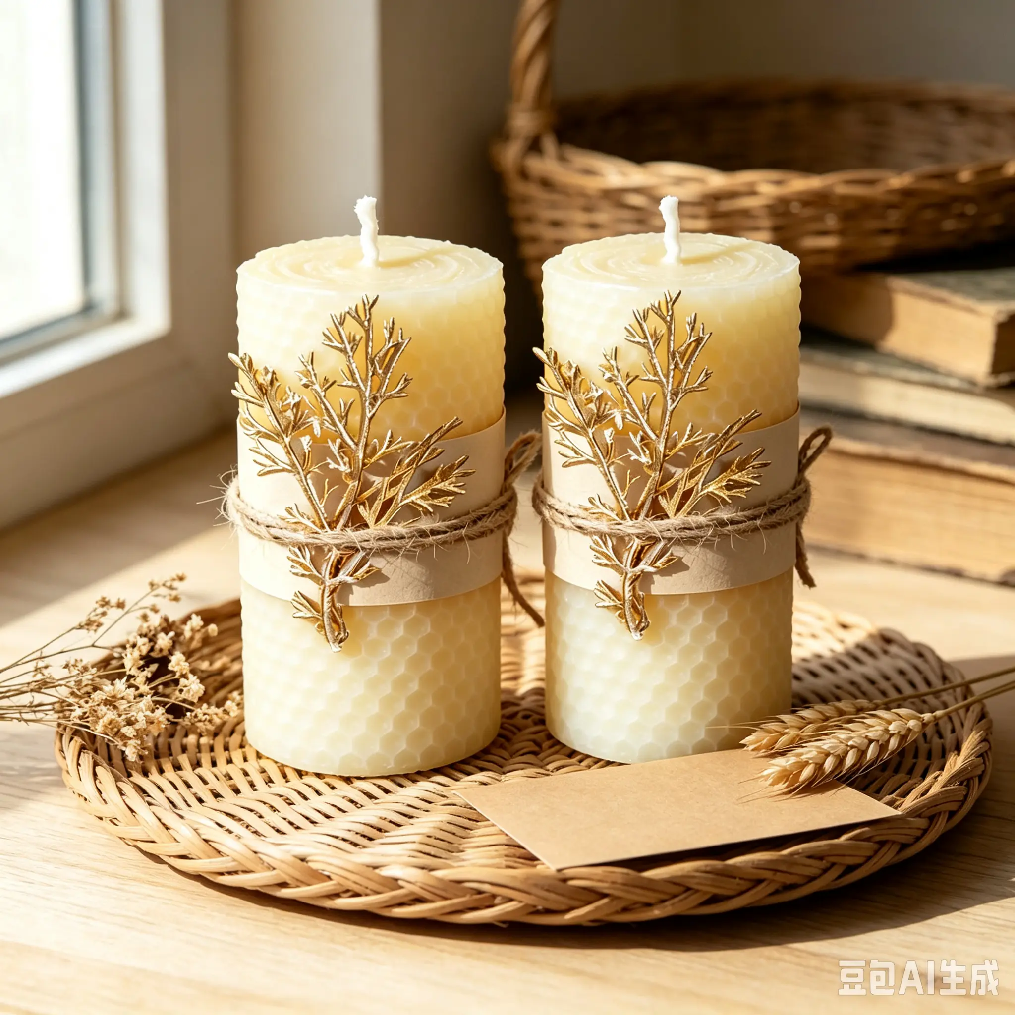 Hand-Rolled Honeycomb White Beeswax Pillar Candle Set (2-Count, 5x10cm Solid), Tied Golden Leaf Ornament, Natural Honey Scent, Clean Burn, Tabletop Home Decor for Holiday Gifting, Party Ritual Use，Decorative Souvenir Aroma
