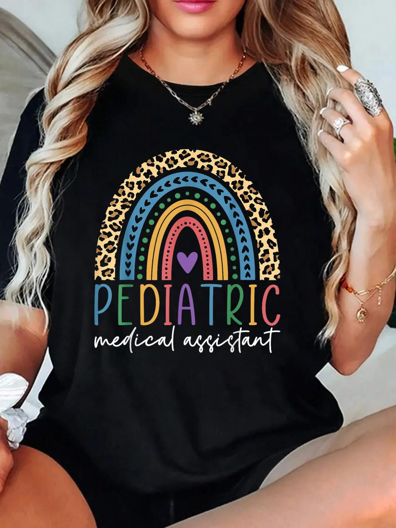 Pediatric Medical Assistant Rainbow, Peds MA Appreciation T-Shirt Crew Neck T Shirt For Summer, Women's Soft Short Sleeve Top, Stylish Comfy Tee For Women Graphic Tees