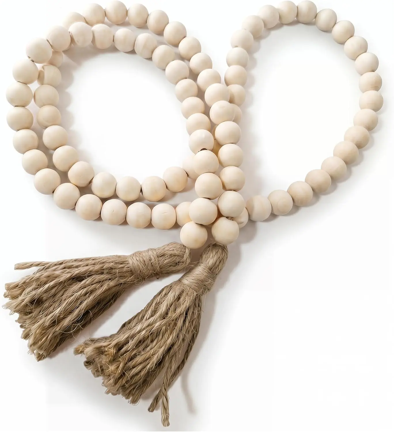 World Farmhouse Beads Long Length Solid Wood Bead Boho Tassel Garland - Rustic Country Solid Beaded Boho Chic Decor for Wall, Above Cabinet & Table