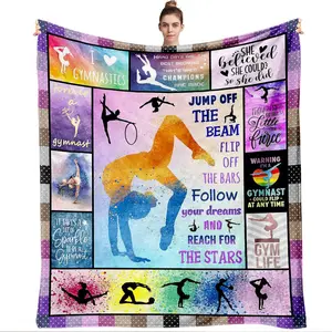 Gymnastics Theme Flannel Blanket 270g Soft Cozy Throw Blanket with Gymnast Silhouettes Inspirational Quotes for Gymnastics Lovers Kids Girls Bedroom Decor Sports Fan Gift