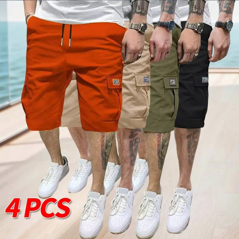 Men's 4-Pack Baggy Casual Cargo Shorts, American-Style, Plain, Multi-Pocket, Knee-Length, Breathable Menswear Bottoms, Men's Shorts