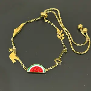 Gold-Plated Palestinian Symbol Attached Charm Bracelet Adjustable with Olive Branch Watermelon Map Dove & Key of Return Unique Design Inspirational Jewelry