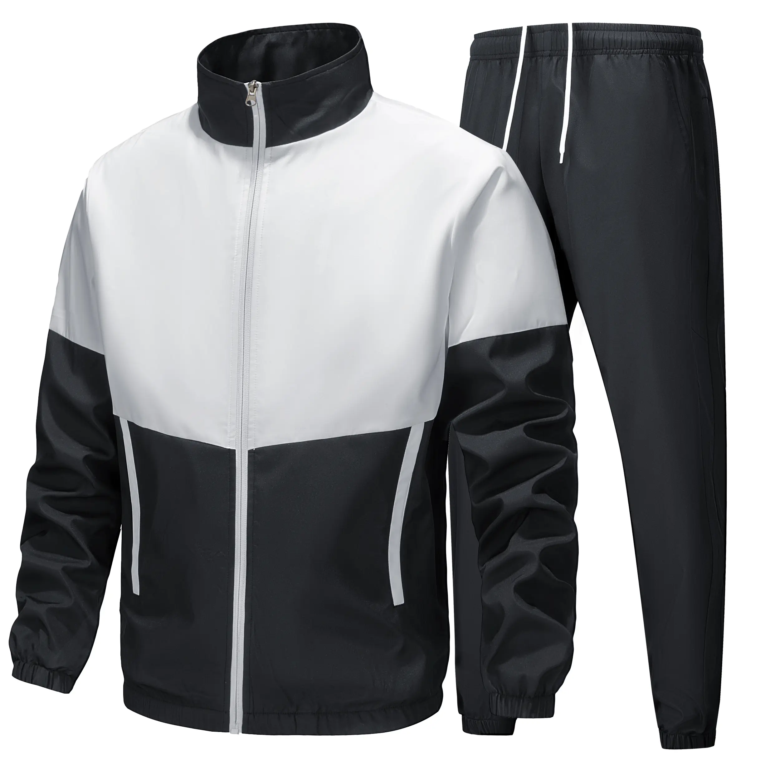 A men's black and white two tone sports set, featuring a simple sporty style. The top has a stand collar design for easy on and off with a zipper closure. The pants have an elastic waistband with drawstring for a comfortable and snug fit. The overall desi