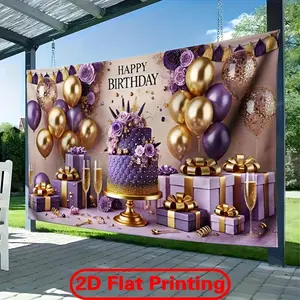 2D Flat 1pc Luxury Purple Golden Style Birthday Party Banner 243.84x182.88cm Polyester Backdrop with Elegant Cake Balloons Design Perfect for Indoor Outdoor Celebrations Photo Studios Home Garden Party