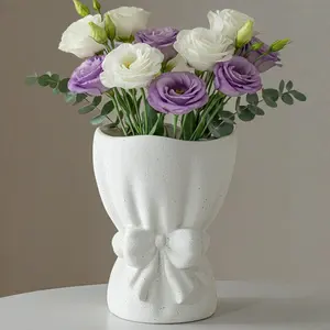 Lvases Bow Knot Ceramic Flower Vase, Textured Frosted Speckled White Minimalist Vases for Home Decor Bedroom Living Room Table Centerpiece