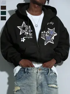 Men's Full-Zip Fleece Hoodie Jacket with Star Print, Basic Casual Hooded Sweatshirt, Comfortable Fashion Essential for Daily Wear