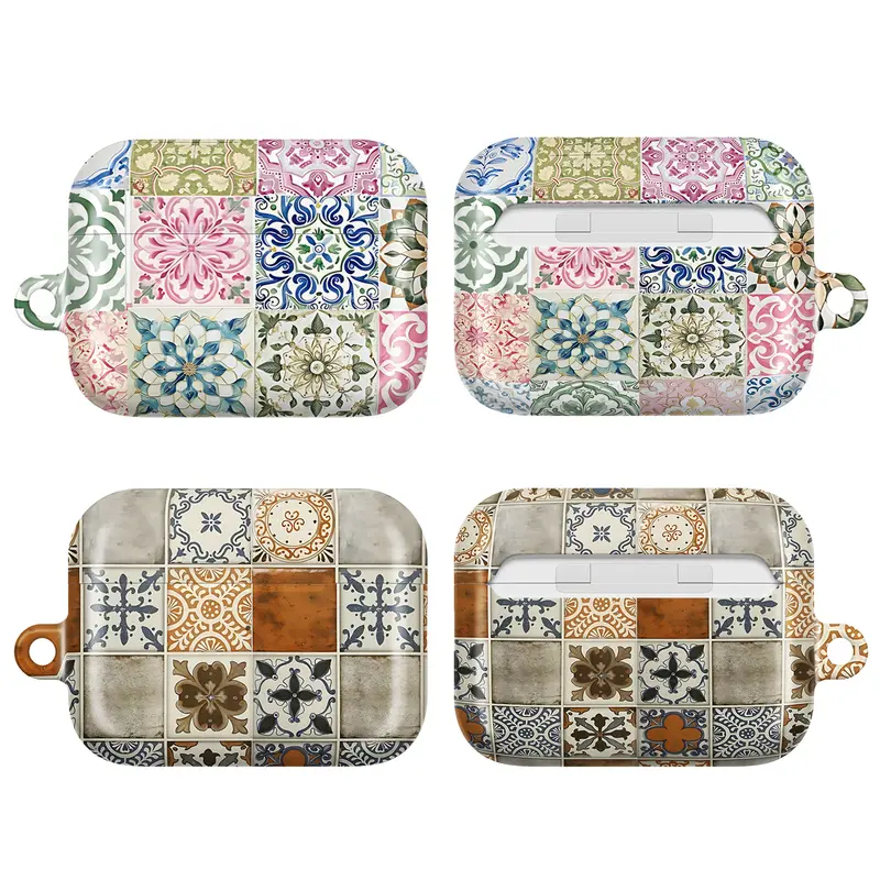 Vintage Tile Pattern AirPods Case – Colorful Ceramic Mosaic Floral Tiles Cover – AirPods Pro / Pro 2 / Pro 3, AirPods 1 / 2 / 3 / 4 Case | Aesthetic Mediterranean Decor Gift Idea