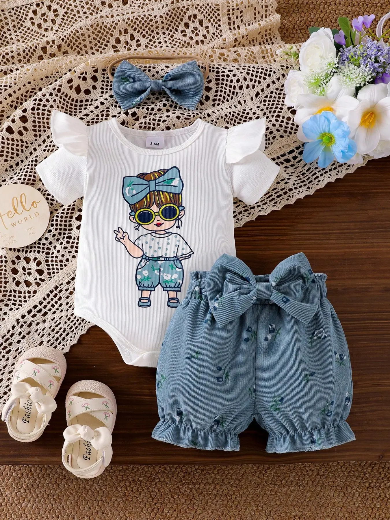 Baby Girl Cute 3-Piece Set, Baby Clothing, Cartoon Print Short Sleeve T-Shirt, Bow Trim Shorts, Butterfly Hairband, Ditsy Floral Pattern