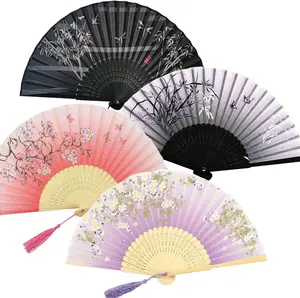 4 PCS Handheld Bamboo Fans, Chinese Silk Folding Fans with Bamboo Frames, Women Folding Fan for Dancing Cosplay Wedding Party Props Wall Christmas Decoration CasaVibe