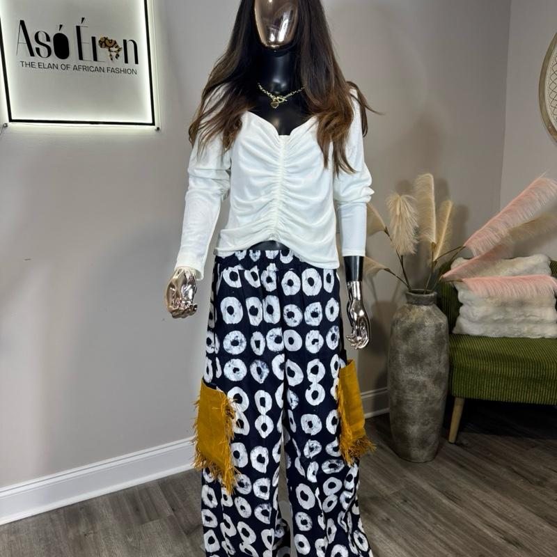 Àṣíkò Statement Wide-Leg Pants African Print Trousers with Fringe Pocket Detail for Stylish Outfits
