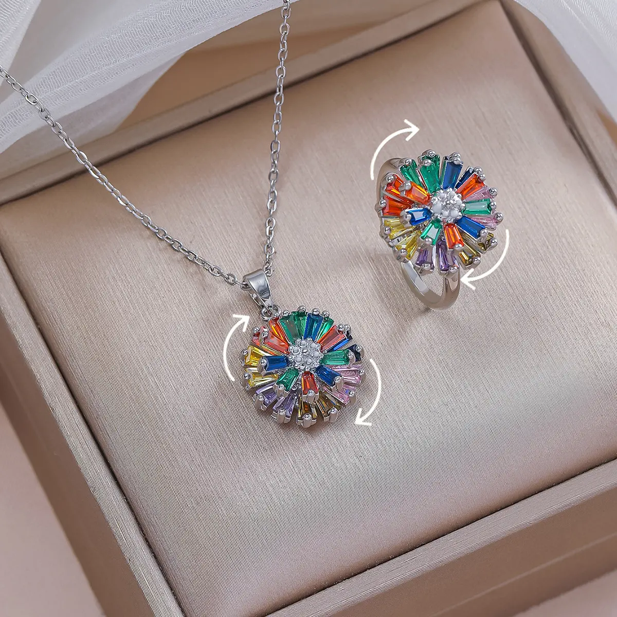 Colorful Sunflower Rotating Zircon Necklace Ring Flower New Design Elegant Choker