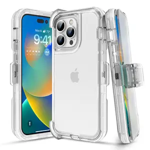 Clear Rugged Defender Case Cover For Apple iPhone 17 / 16 / 15 / 14 / 13 / 12 / Plus / Pro / Pro Max / Shockproof Heavyduty Protection cover With Belt Clip Phonecase Protector  Protective