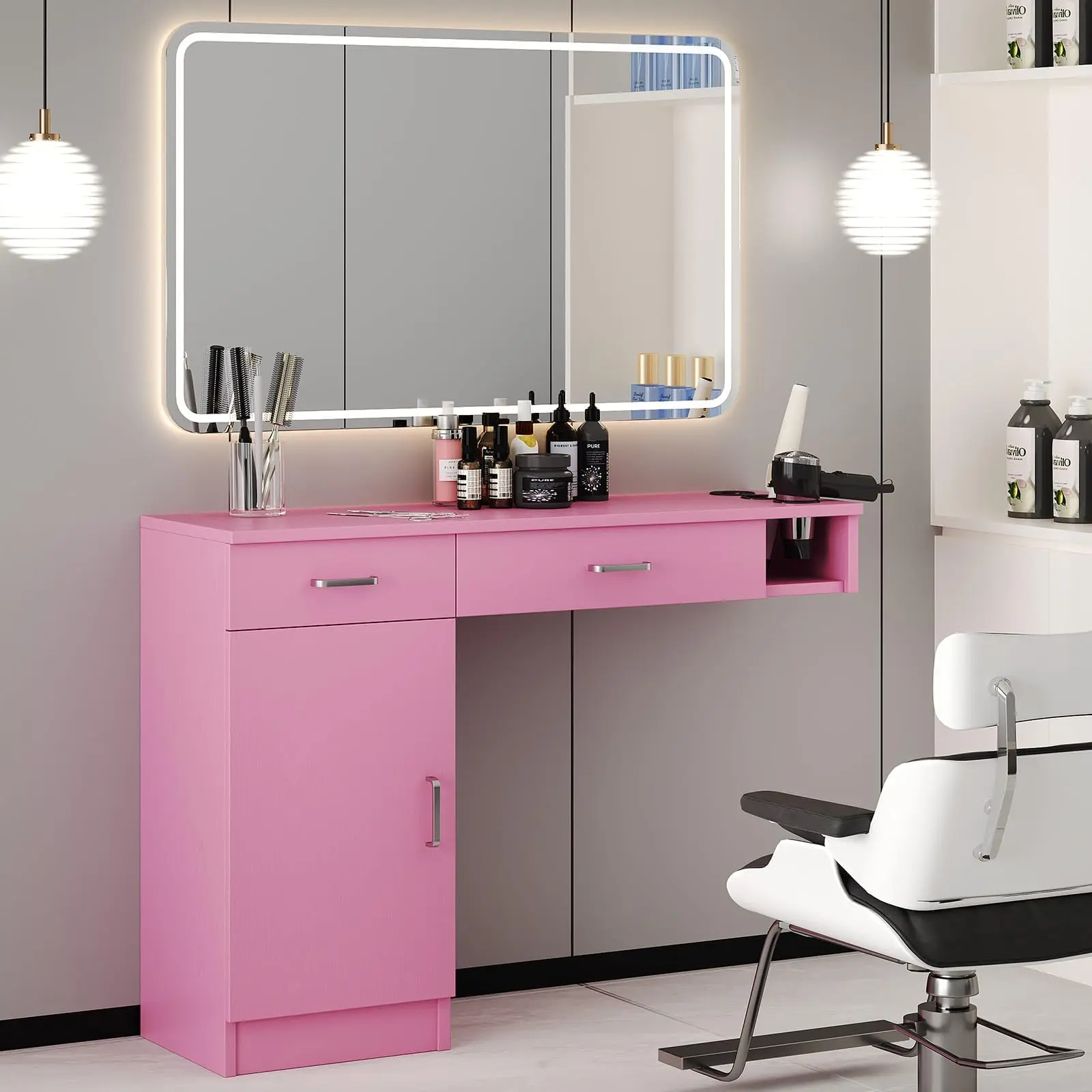 [SummerSale] HOMBCK Salon Stations for Hair Stylist, Wall Mount Barber Station with Barber Cabinet, Hair Station Equipment Hair Dryer Holder, Drawers, Mirror not Included#home essentials#back to school
