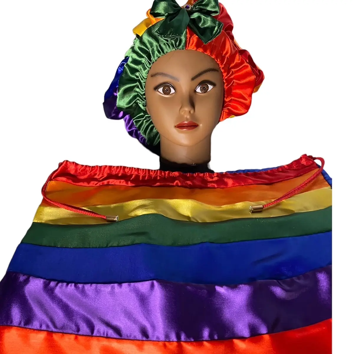 Beautiful Designs Satin Rainbow Edition Reversible Hair Bonnet and matching dust bag set Shower