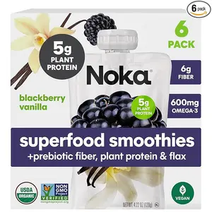 Noka Superfood Fruit Smoothie Pouches, Blackberry Vanilla, Healthy Snacks with Flax Seed, Plant Protein and Prebiotic Fiber, Vegan and Gluten Free Snacks, Organic Squeeze Pouch, 4.22 oz, 6 Count