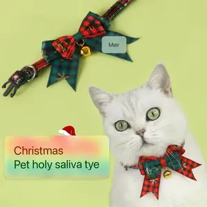 Pet Christmas Bow Tie Collar Anti-Choking Adjustable Bell Plaid Bowtie Cat Dog Necklace, Festive Pet Accessory