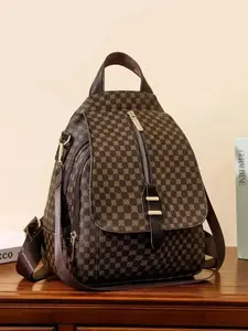 CYX Fashionable PU Leather Geometric Pattern Backpack, Casual Versatile Zipper Backpack for Women & Girls, Trendy All-match Commuting Bag for Daily Life, Casual Printed Backpack