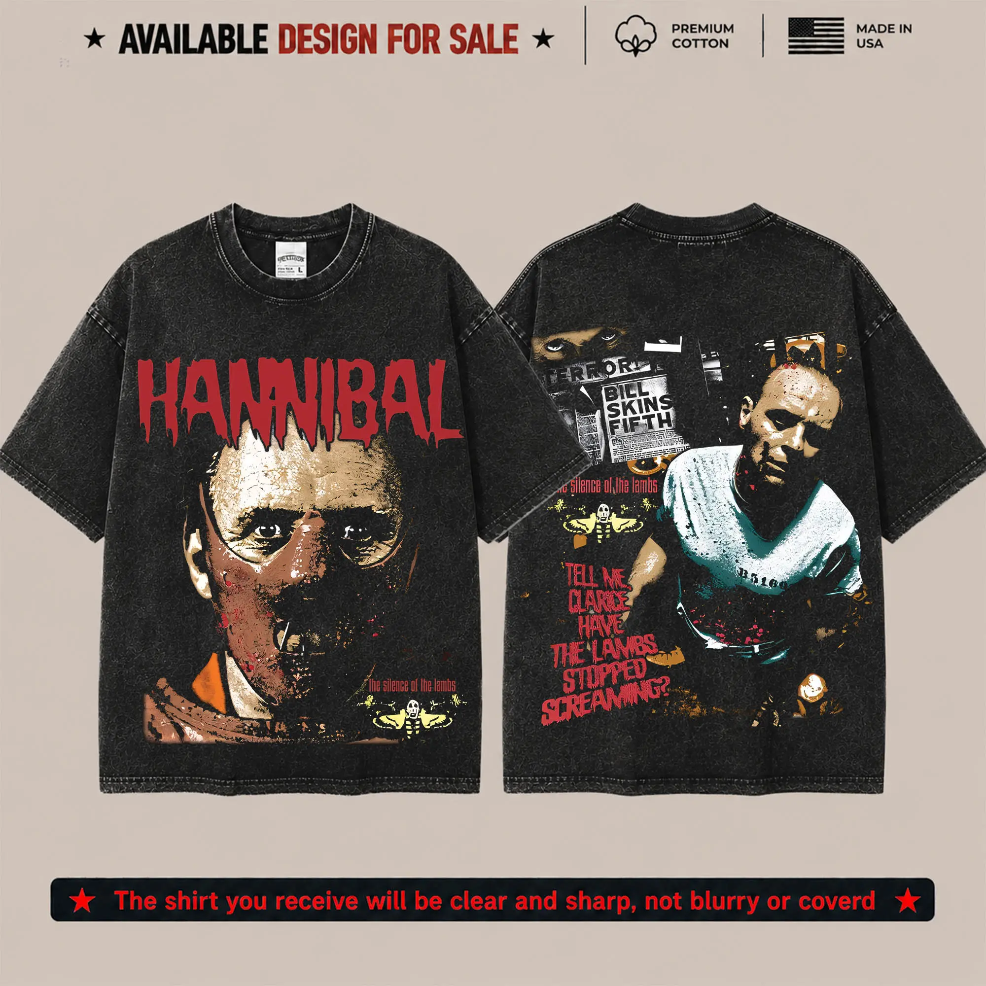 Retro Hannibal the Cannibal - Hannibal Lecter Horror Heavyweight Acid Washed 100% Cotton T-Shirt, 80s Horror Movie Character Halloween Tee, Horror Icon Outfit, Spooky Halloween T-Shirt, Gift For Horror Movie Fans